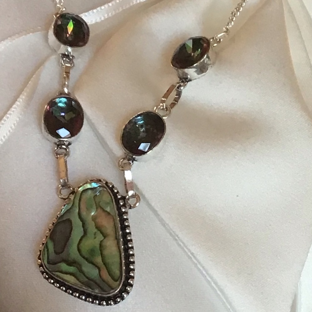 Sterling Silver Mystic Fire Topaz and Abalone Pearl Necklace Choker - Picture 7 of 11